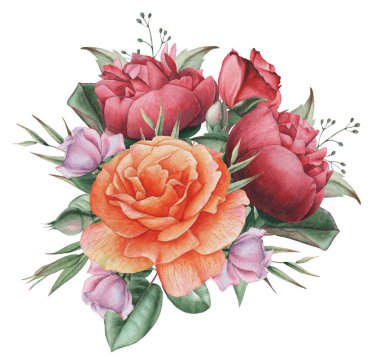 Çiçekler ve yapraklar, beyaz arka plan üzerinde izole suluboya büyüleyici kombinasyonu el boyalı