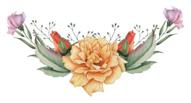 Çiçekler ve yapraklar, beyaz arka plan üzerinde izole suluboya büyüleyici kombinasyonu el boyalı