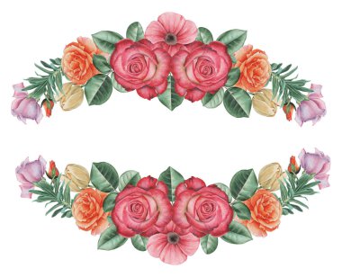 Çiçekler ve yapraklar, beyaz arka plan üzerinde izole suluboya büyüleyici kombinasyonu el boyalı