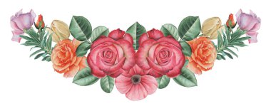 Çiçekler ve yapraklar, beyaz arka plan üzerinde izole suluboya büyüleyici kombinasyonu el boyalı