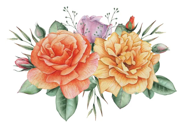 Çiçekler ve yapraklar, beyaz arka plan üzerinde izole suluboya büyüleyici kombinasyonu el boyalı