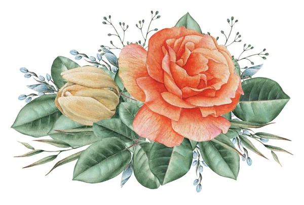 Çiçekler ve yapraklar, beyaz arka plan üzerinde izole suluboya büyüleyici kombinasyonu el boyalı