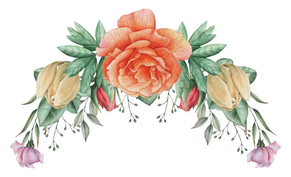 Çiçekler ve yapraklar, beyaz arka plan üzerinde izole suluboya büyüleyici kombinasyonu el boyalı