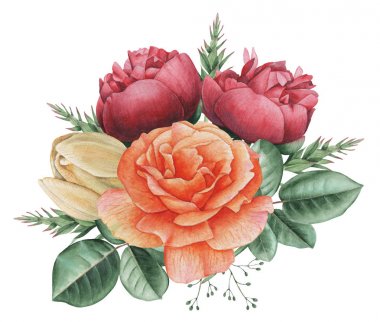 Çiçekler ve yapraklar, beyaz arka plan üzerinde izole suluboya büyüleyici kombinasyonu el boyalı