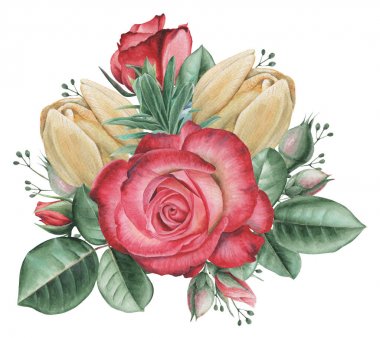 Çiçekler ve yapraklar, beyaz arka plan üzerinde izole suluboya büyüleyici kombinasyonu el boyalı