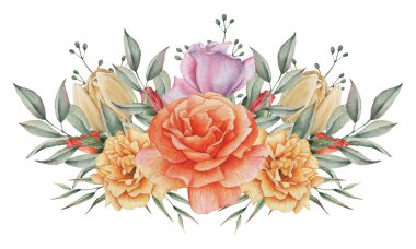 Çiçekler ve yapraklar, beyaz arka plan üzerinde izole suluboya büyüleyici kombinasyonu el boyalı