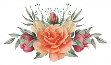 Çiçekler ve yapraklar, beyaz arka plan üzerinde izole suluboya büyüleyici kombinasyonu el boyalı