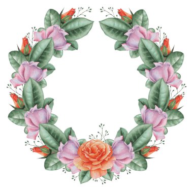 Suluboya çelenk çiçek ve yaprakları, beyaz arka plan üzerinde izole el boyalı