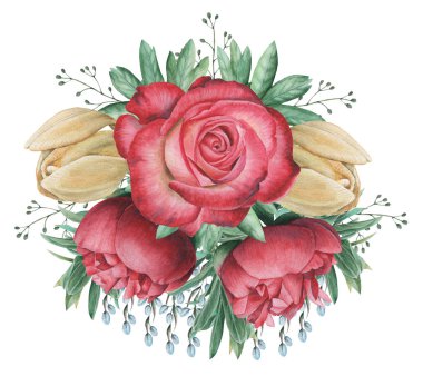 Çiçekler ve yapraklar, beyaz arka plan üzerinde izole suluboya büyüleyici kombinasyonu el boyalı