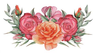 Çiçekler ve yapraklar, beyaz arka plan üzerinde izole suluboya büyüleyici kombinasyonu el boyalı