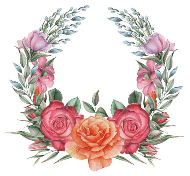 Suluboya çelenk çiçek ve yaprakları, beyaz arka plan üzerinde izole el boyalı