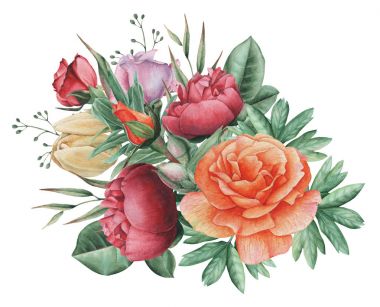 Çiçekler ve yapraklar, beyaz arka plan üzerinde izole suluboya büyüleyici kombinasyonu el boyalı