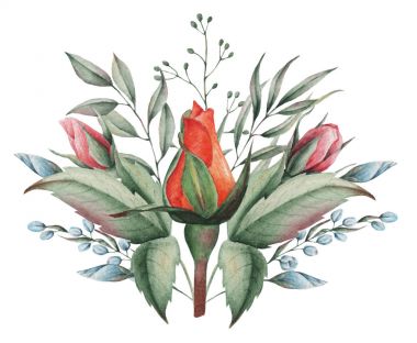 Çiçekler ve yapraklar, beyaz arka plan üzerinde izole suluboya büyüleyici kombinasyonu el boyalı