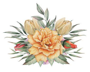 Çiçekler ve yapraklar, beyaz arka plan üzerinde izole suluboya büyüleyici kombinasyonu el boyalı