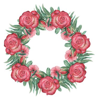 Suluboya çelenk çiçek ve yaprakları, beyaz arka plan üzerinde izole el boyalı