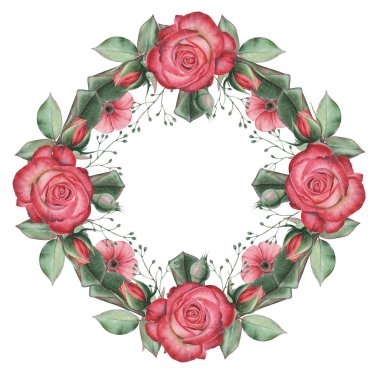 Suluboya çelenk çiçek ve yaprakları, beyaz arka plan üzerinde izole el boyalı