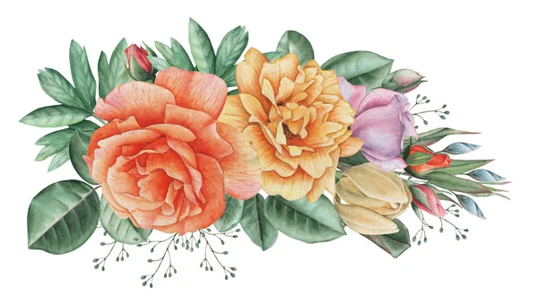 Çiçekler ve yapraklar, beyaz arka plan üzerinde izole suluboya büyüleyici kombinasyonu el boyalı