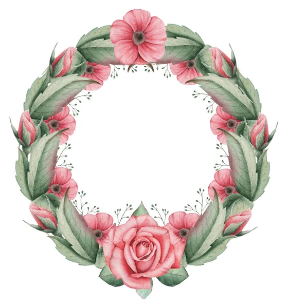 Hand painted watercolor wreath of Flowers and Leaves, isolated on white background — Stock Photo, Image