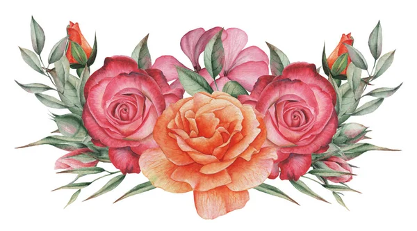 Çiçekler ve yapraklar, beyaz arka plan üzerinde izole suluboya büyüleyici kombinasyonu el boyalı