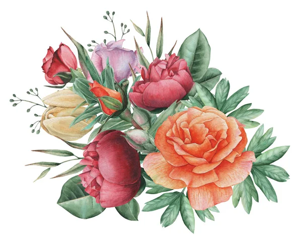 Çiçekler ve yapraklar, beyaz arka plan üzerinde izole suluboya büyüleyici kombinasyonu el boyalı