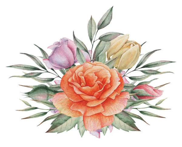 Aquarela pintada à mão charmosa combinação de flores e folhas, isolado no fundo branco — Fotografia de Stock