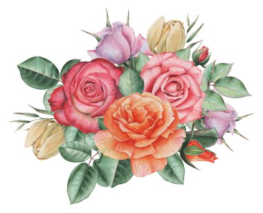 Çiçekler ve yapraklar, beyaz arka plan üzerinde izole suluboya büyüleyici kombinasyonu el boyalı