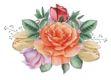 Çiçekler ve yapraklar, beyaz arka plan üzerinde izole suluboya büyüleyici kombinasyonu el boyalı