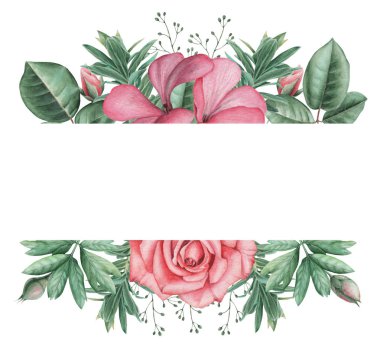 Çiçekler ve yapraklar, beyaz arka plan üzerinde izole suluboya büyüleyici kombinasyonu el boyalı, düğün, çerçeve, tırnak, desen, tebrik kartı, logo, Davetiyeler, yazı vb. için mükemmel