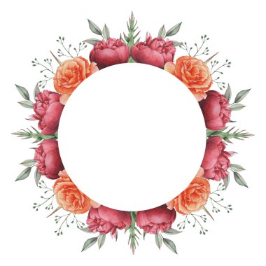 Çiçekler ve yapraklar, beyaz arka plan üzerinde izole suluboya büyüleyici kombinasyonu el boyalı, düğün, çerçeve, tırnak, desen, tebrik kartı, logo, Davetiyeler, yazı vb. için mükemmel