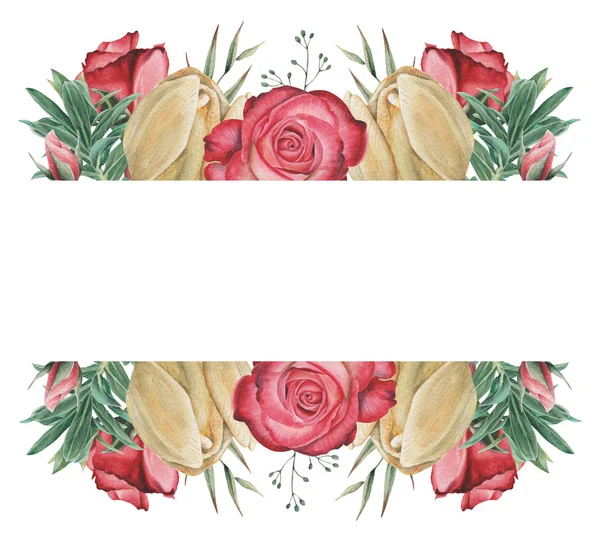 Çiçekler ve yapraklar, beyaz arka plan üzerinde izole suluboya büyüleyici kombinasyonu el boyalı, düğün, çerçeve, tırnak, desen, tebrik kartı, logo, Davetiyeler, yazı vb. için mükemmel