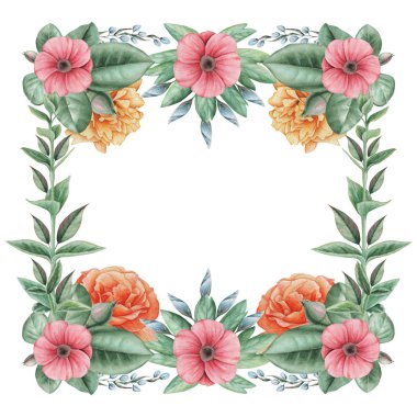 Çiçekler ve yapraklar, beyaz arka plan üzerinde izole suluboya büyüleyici kombinasyonu el boyalı, düğün, çerçeve, tırnak, desen, tebrik kartı, logo, Davetiyeler, yazı vb. için mükemmel