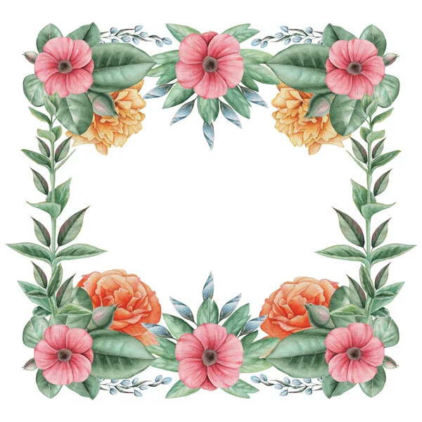 Çiçekler ve yapraklar, beyaz arka plan üzerinde izole suluboya büyüleyici kombinasyonu el boyalı, düğün, çerçeve, tırnak, desen, tebrik kartı, logo, Davetiyeler, yazı vb. için mükemmel