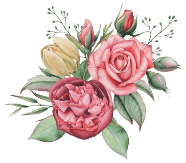 Vektör çizim çiçek ve yaprak, beyaz arka plan üzerinde izole suluboya büyüleyici kombinasyonu