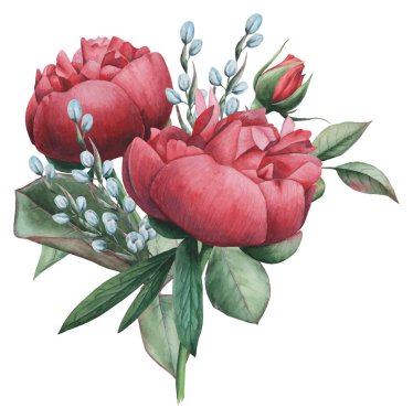 Vektör çizim çiçek ve yaprak, beyaz arka plan üzerinde izole suluboya büyüleyici kombinasyonu