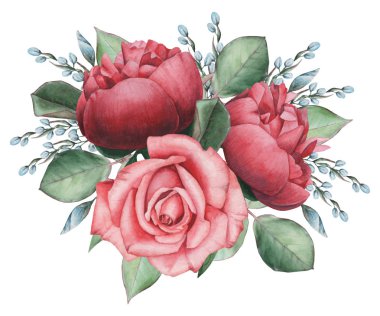 Vektör çizim çiçek ve yaprak, beyaz arka plan üzerinde izole suluboya büyüleyici kombinasyonu