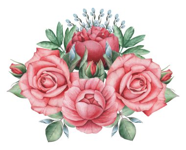 Vektör çizim çiçek ve yaprak, beyaz arka plan üzerinde izole suluboya büyüleyici kombinasyonu