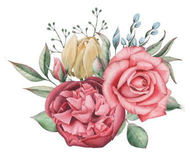 Vektör çizim çiçek ve yaprak, beyaz arka plan üzerinde izole suluboya büyüleyici kombinasyonu