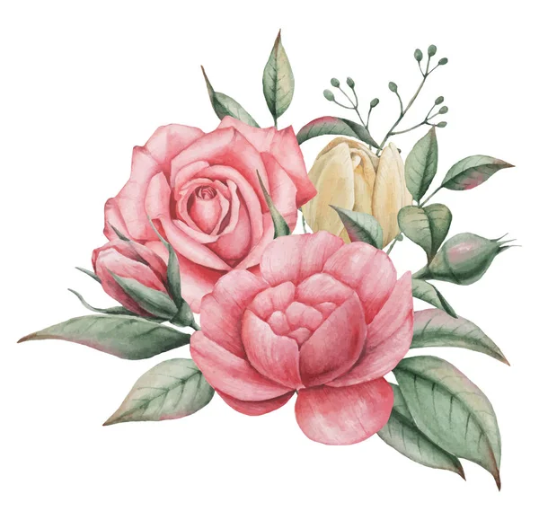 Vektör çizim çiçek ve yaprak, beyaz arka plan üzerinde izole suluboya büyüleyici kombinasyonu