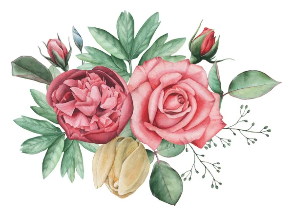 Ilustração vetorial de aquarela combinação encantadora de flores e folhas, isolado no fundo branco — Vetor de Stock