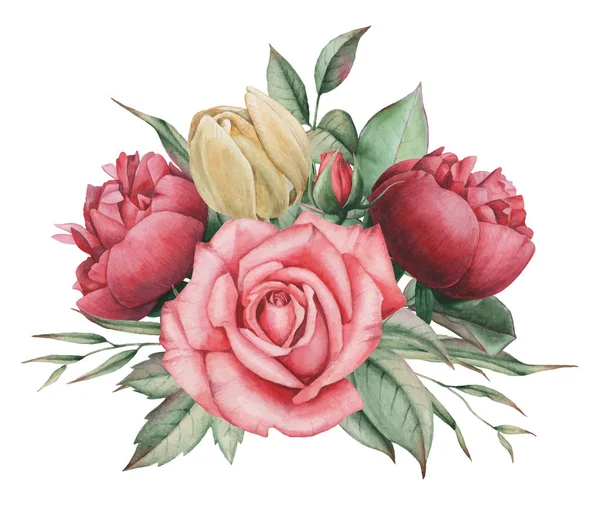 Vektör çizim çiçek ve yaprak, beyaz arka plan üzerinde izole suluboya büyüleyici kombinasyonu