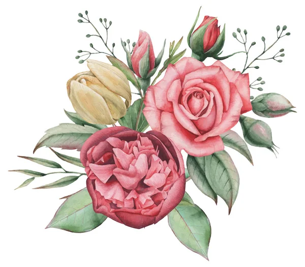 Vektör çizim çiçek ve yaprak, beyaz arka plan üzerinde izole suluboya büyüleyici kombinasyonu