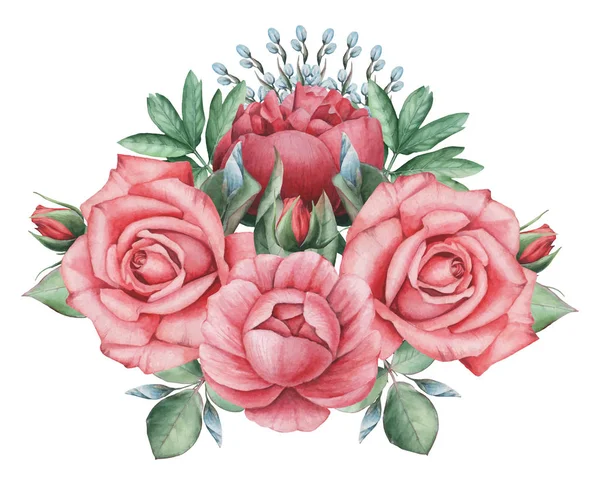 Vektör çizim çiçek ve yaprak, beyaz arka plan üzerinde izole suluboya büyüleyici kombinasyonu