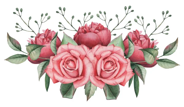 Vektör çizim çiçek ve yaprak, beyaz arka plan üzerinde izole suluboya büyüleyici kombinasyonu