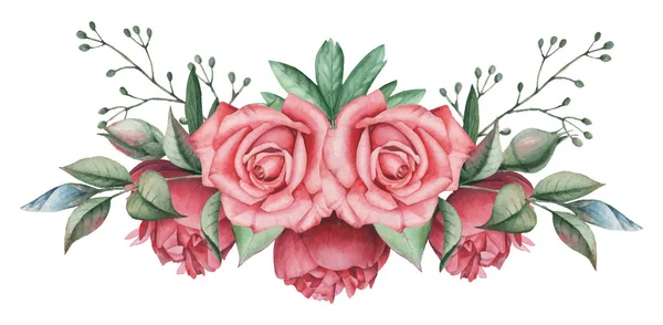 Ilustração vetorial de aquarela combinação encantadora de flores e folhas, isolado no fundo branco — Vetor de Stock