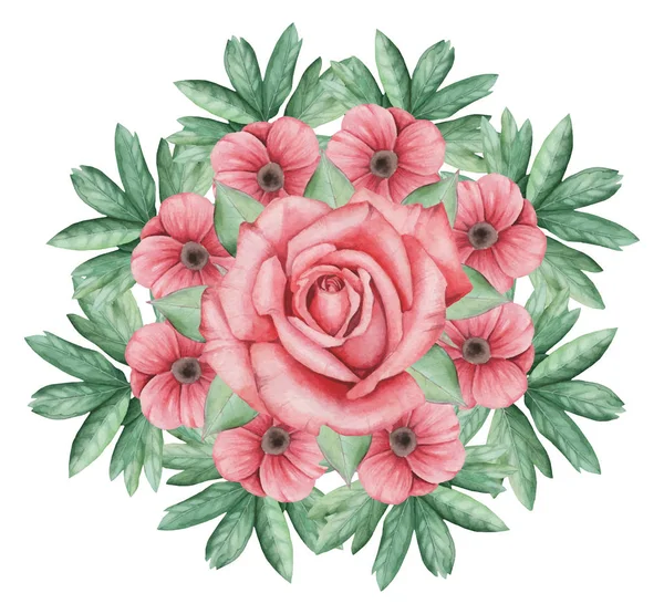 Ilustração vetorial de aquarela combinação encantadora de flores e folhas, isolado no fundo branco —  Vetores de Stock