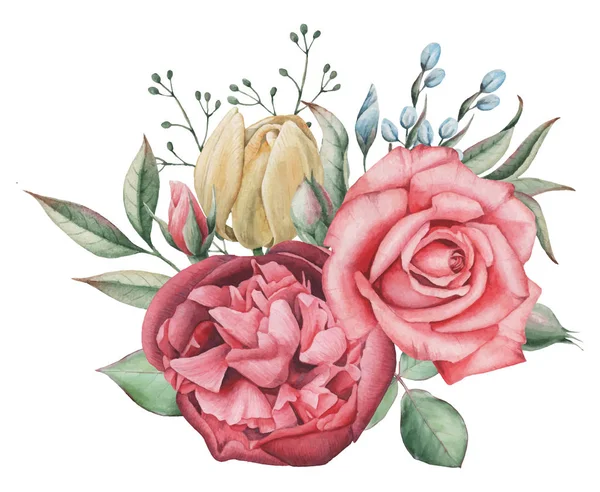 Vektör çizim çiçek ve yaprak, beyaz arka plan üzerinde izole suluboya büyüleyici kombinasyonu