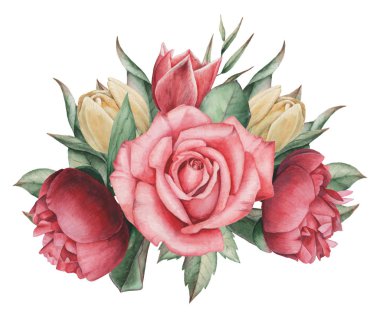 Vektör çizim çiçek ve yaprak, beyaz arka plan üzerinde izole suluboya büyüleyici kombinasyonu