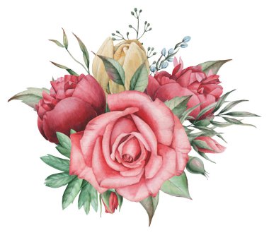 Vektör çizim çiçek ve yaprak, beyaz arka plan üzerinde izole suluboya büyüleyici kombinasyonu