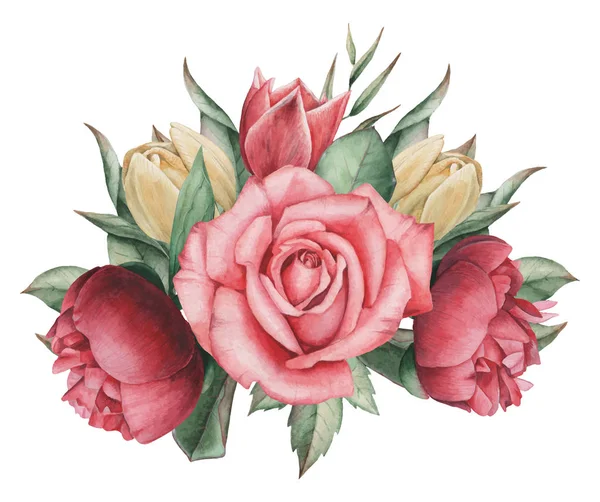 Vektör çizim çiçek ve yaprak, beyaz arka plan üzerinde izole suluboya büyüleyici kombinasyonu