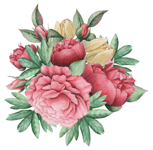 Ilustração vetorial de aquarela combinação encantadora de flores e folhas, isolado no fundo branco — Vetor de Stock